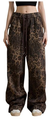 EQWIGKEIT Pantalones de leopardo, pantalones de leopardo caqui, pantalones de mujer con pierna ancha, pantalones de chándal de cintura media, pantalones deportivos Y2k holgados con estampado de