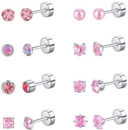 FANCH 8Pairs Flat Back Earrings Titanium Stud Earrings for Women Hypoallergenic Tiny Cubic Zirconia Pearl Ball Heart Opal Earrings 316L Stainless Steel Screwback Stud Earrings
