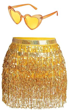 Damer paljetter kjol tofs glitterkjol höft paljetter rave kjolar glas set franskjol för dans klubb halloween kostym, Guld, one size