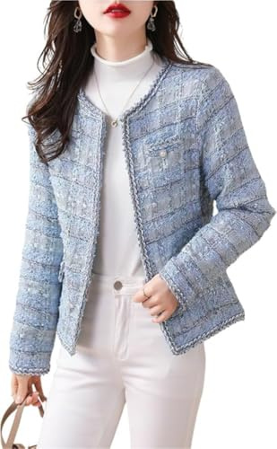 Blazer Elegante da Donna Giacca da Ufficio Business in Tweed alla Moda Giacca Casual Ampia a Maniche Lunghe con Scollo Tondo (Blu,XXL)