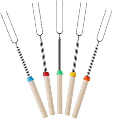 5 Pack Marshmallow Toasting Forks Kit, Extendable Stainless Steel Smores Sticks for Fire Pit, BBQ and Campfire, Outdoor Campfire Accessories for Roasting Marshmallows and Hot Dogs