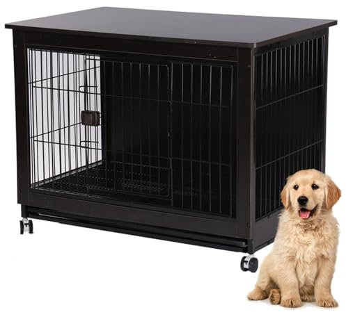 Haustierkäfig, (de:Hundekäfigmöbel, Hundekäfig aus Holz für kleine/mittelgroße/große Hunde, Hundezwingermöbel mit Rädern, Hundezwinger-Beistelltisch für den Innenbereich, dekoratives, kau