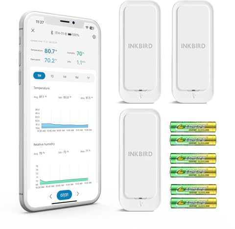 INKBIRD Bluetooth Thermometer Hygrometer, ITH-11-B Temperature and Humidity Monitor with APP Control, Multiple Alarms, Data Export for Reptile Room Greenhouse