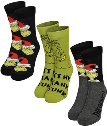Calzini The Grinch per Uomo e Donna - Calzini Unisex da Ginnastica per Uomo e Donna Verde/Nero (Confezione da 3), Verde/nero., 38-43