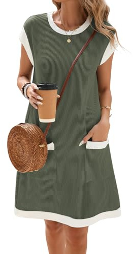 Famulily Color Block Dress Women Casual Sundress with Pockets Army Green M