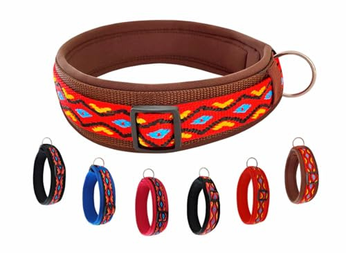 Buddypack-Hundehalsband breit und weich gepolstert (Rot-Bunt-Braun, S/M) | 4 cm breit für kleine, 5 cm breit für große Hunde, Größe verstellbar, stabiler Klickverschluß, Neopren-Polster, fellschonend