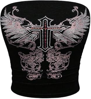 WDIRARA Women's Gothic Graphic Rhinestone Tube Top Strapless Grunge Punk Bandeau Crop Tops Black Small