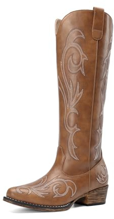 DREAM PAIRS Stivali da Cowboy da Donna Comodi Stivali Alti Fino al Ginocchio da Cowgirl con Cerniera Laterale Tacco Grosso Stivali Western Ricamati,Size 41,Marrone,DWUMKB2502