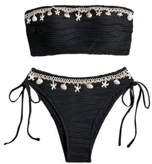 GORGLITTER Bikiniset för kvinnor, bandeau, bikiniset med skalbandsdekoration, hög midja, bikinitanga, tvådelad baddräkt, tub, baddräkt, sommar, badmode, svart, M