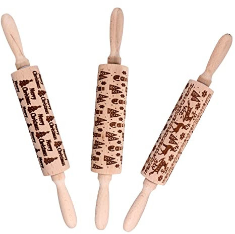 HOLIDYOYO 3pezzi Mattarello in Legno Natale Per Biscotti e Pasta Resistente Ed Ecologico Per Pizza e Dolci Design Confortevole e Riutilizzabile