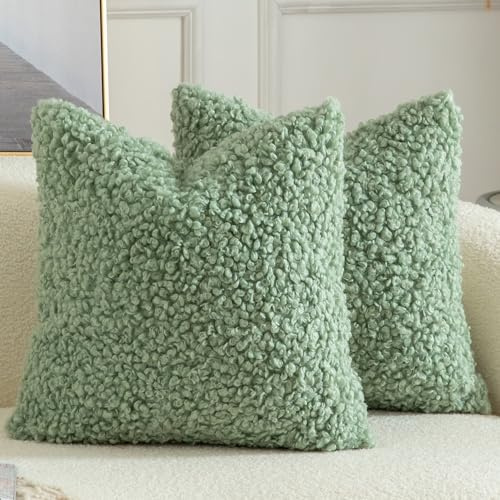 Yaertun 2er Set Kissenbezug Teddywolle Faux Pelz Dekorative Kissenbezüge Plüsch Bouclé Sofakissen Couchkissen Dekokissen Zierkissenbezug Deko Kissenhülle Schlafzimmer Wohnzimmer 60x60 cm Salbeigrün
