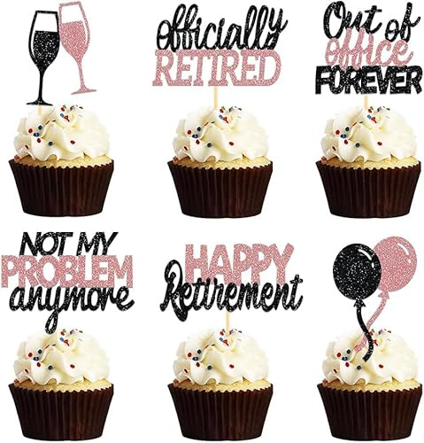 24 Pcs Happy Retirement Glitter Cupcake Toppers for Party-Black&Rose Gold | retirement decorations, retirement party decorations, Retirement Theme Cake Toppers, Retirement Cakes Decoration Supplies