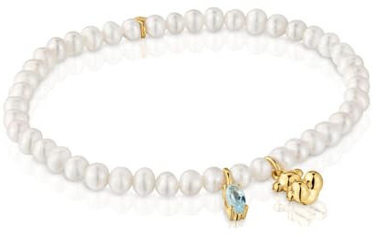 TOUS Pulsera Elástica para Mujer con Baño de Oro sobre Plata de Primera Ley, Perla Cultivada y Topacio, Colección Bold Bear