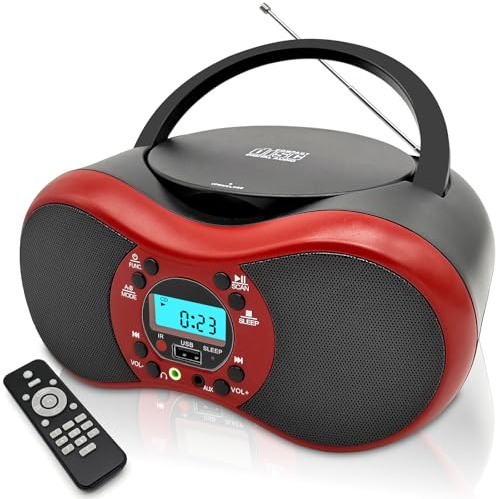 Portable CD Player Boombox with Bluetooth, FM Radio, USB & AUX Input, Dual Stereo Speakers, Remote Control, AC/Battery Powered, Support CD/CD-R/RW, Gifts for Elderly, Learning, Party