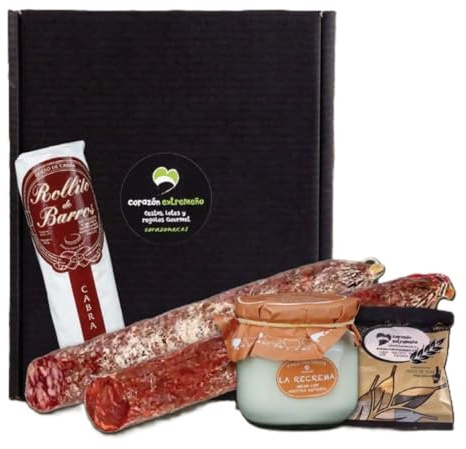 Lote Gourmet Navidad Extremeño Leganés – Queso Rulo de Cabra Artesano, Queso Recrema Finca Pascualete, Chorizo y Salchichón Ibéricos, Picos de Pan | Cesta Regalo Gourmet Empresas y Navidad