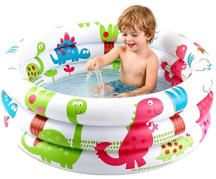 Paddling Pools for Kids, 3 Ring Inflatable Baby Swimming Pool with Inflatable Safety Bubble Bottom, for Kids Toddlers Adult, Indoor Outdoor Garden Swimming Pool (Dinosaur)