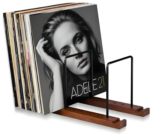 SBLKUY Vinyl Record Storage Holder Rack with Non Slip Grooves Up to 50 Albums Adjustable Black Wood CD Display Stand for Magazine Book Files