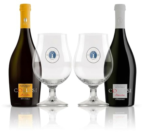 Birra Artigianale Collesi - Confezione Birra Artigianale con Bicchieri Balloon – 2 Bottiglie 0,75 L (Bionda Belgian Blonde Ale 6% + Blanche 5%) + 2 Bicchieri 400 ml