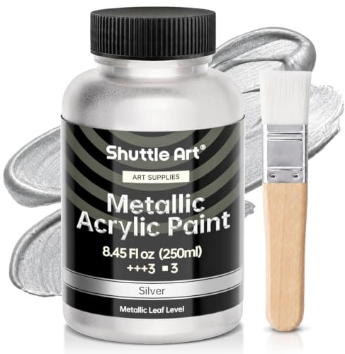 Shuttle Art Metallic Sliver Acrylic Paint, 8.45 oz/250 ml Silver Leaf Paint | With Brush, Non Toxic, Non Fading Silver Paint for Crafts, Metal, Wood, Clay, Ceramic, Canvas, Furniture,Art Painting