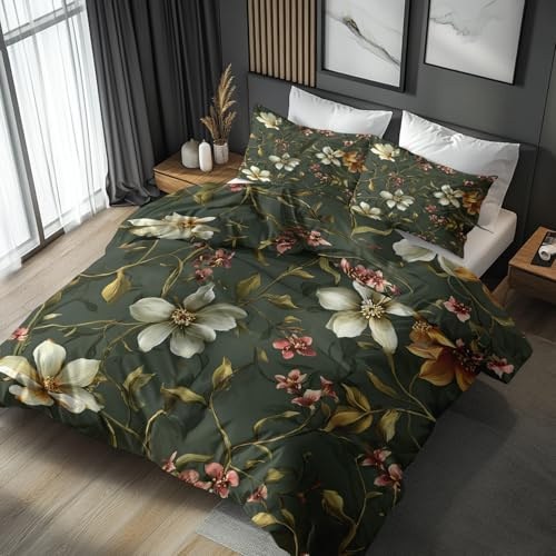 Generisch Grün Blumen Bettwäsche 135x200, Schlafzimmer Deko Wendebettwäsche 2tlg, Botanisch Blumenmuster Bettbezug & 1 Kissenbezug 80x80, Weiche Mikrofaser, mit Reißverschluss -h457