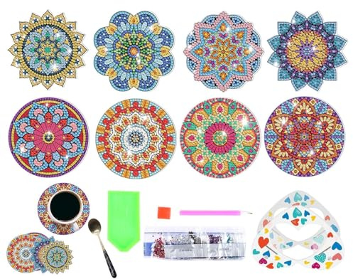 Diamond Painting Coasters Kit DIY | 8st diamantkonstunderlägg med hållare | glasunderlägg Diamantkonsthantverk för vuxna, små diamantmålningssatser tillbehör