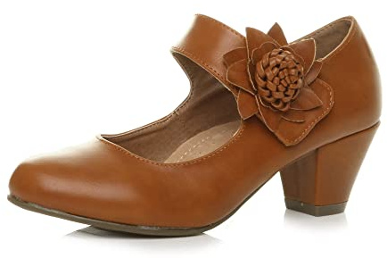 Ajvani, kvinnor, damer, låg block, kitten heel-klack, Mary Jane stil, blomma, läderfodrade arbetsskor, pumps, storlek., SOLBRÄNNA, 39 EU