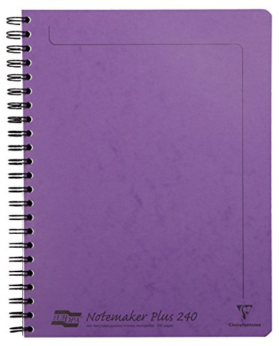Clairefontaine 482/1131Z - Collegeblock / Schulheft Europa Notemaker, mit Doppelspirale DIN A4+ 22,5x29,7 cm 120 Blatt abtrennbar 4-fach gelocht, 90g, liniert mit Rand, strapazierfähig, Lila, 1 Stück