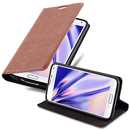 Cadorabo Hülle kompatibel mit Samsung Galaxy S5 / S5 NEO aus Premium Kunst Leder Flip Klappbare Stoßfeste Magnetische [Standfunktion] [Kartenfächern] Cover Hülle für Galaxy S5 / S5 NEO Tasche in Braun