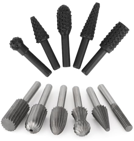 Rongon Carbide Burr Set 11Pcs Rotary File Burr Cutter, Woodworking File Rasp Chisel Die Grinder Bits Rotary File Rasp with 1/4 Inch Shank for DIY Carving, Polishing, Engraving and Drilling (11Pcs)