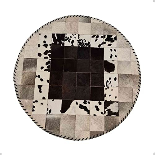Runder Kuhfell Patchwork Teppich | Natur Premium Teppich | Vorleger Wohnzimmer | Designer Deko Teppich | Rindsleder Teppich Patchwork | Tapis Patchwork Rond en Peau de Vache