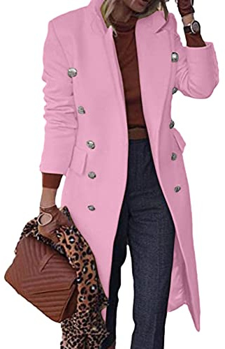L9WEI Women's Fashion Trench Coat - Long Wool Coat with Double Breasted Lapel - Elegant Cotton Jacket for Women - Warm Winter Coat - Long Sleeve Jacket, Pink, M