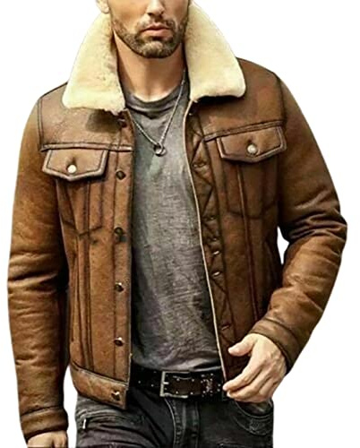 EU Fashions Herren B3 Piloten-Pilotenjacke, Kunstfell, Schaffell, braun, Bomberjacke, echtes Leder, für den Winter