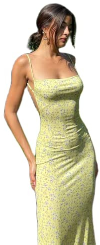 KMBANGI Women Cutout Backless Maxi Dress Sexy Sleeveless Floral Cocktail Dresses Bodycon Spaghetti Strap Long Dress Party(Yellow,S)