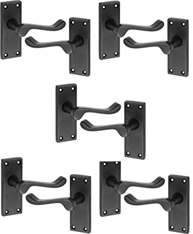Golden Grace Victorian Scroll Lever Latch Door Handles, Matt Black 5 Pairs | Includes spindles and matching screws for easy setup; 120mm x 40mm metal backplates fit interior doors up to 44mm thick.