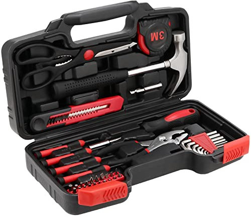 ZOENHOU Lot de 39 outils à main, petite boîte à outils pour garage, maison, kit universel de réparation avec tous les éléments essentiels dans un étui de transport, rouge