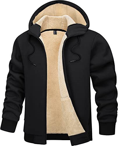 TACVASEN Herren Thermo Fleecejakce Pulli Hoodie Sweatjacke Winter Gefütterte Langarm Sport Hoody mit Taschen, Schwarz, XL
