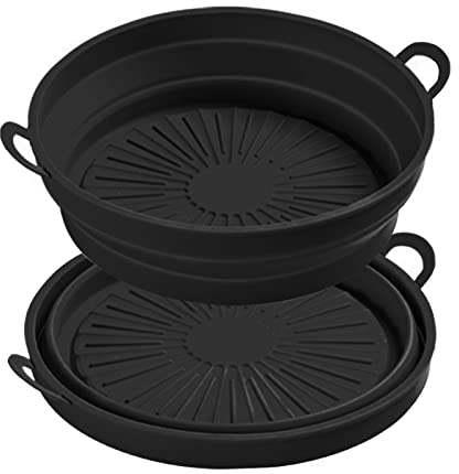 Air Fryer - Set di 2 pentole in silicone, pieghevoli, rotonde, per friggitrice ad aria calda, riutilizzabile, antiaderente, in silicone, per forno, microonde (nero, 21 cm)