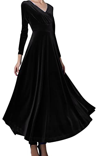 Robe Velours Femme Grande Taille, Robe de Soirée Longue Femme Sexy Col V Manches Longues Charmant Robes Taille Haute Couleur Unie Moulante Dress Chic et Elegant Décontractés de Mode pour Soiree