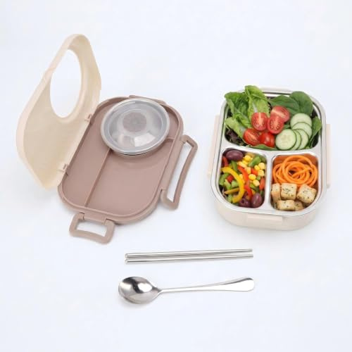Caja Bento De Acero Inoxidable, Fiambrera De 1450 Ml/51 Oz Con 3 Compartimentos Contenedores De Alimentos Térmicos A Prueba De Fugas De Doble Capa Para Estudiantes(Beige)