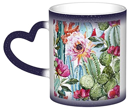 JBYJBX Atemberaubende Kaktus-Sukkulenten-Rosen-Druck, wechselnde wärmeempfindliche Farbwechsel-Tasse, Kaffee, Tee, Porzellantassen, Geschenk
