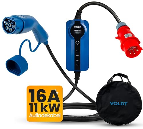 VOLDT Typ 2-laddningskabel 11 KW med CEE-uttag - Wallbox 3-fas mobil 8 A - 16 A med skärm, bärbar laddare för elfordon, IP67, TÜV- och CE-certifierad
