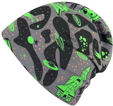 Ullkycklingar pojkar/flickor Shorties beanie/beanie-mössa/stickad mössa/barnmössa, bekväm, många motiv, jersey, tvåskiktsfodrad, övergångsperioder (ekologiskt tyg/bio) 202401, Space Neon grön, 52-54