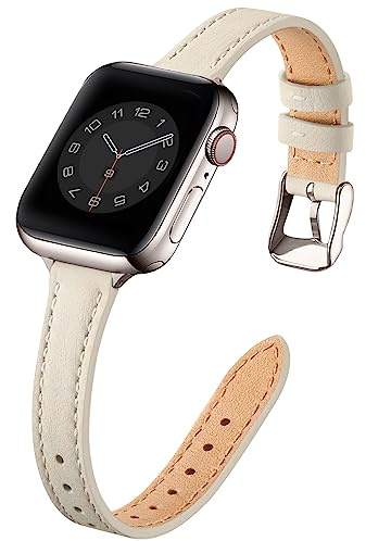 Bracelet Apple Watch Cuir Compatible avec le 42mm(Series 11/10) 41mm 40mm 38mm,Cuir Fin Véritable pour Femme Remplacement,iWatch Series 11/10/9/8/7/6/5/4/3/2/1/SE3/SE2(Blanc ivoire&Lumiere stellaire)