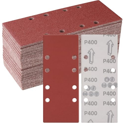 Sruhrak 93x230 mm Schleifpapier Klett Set, 50 Stück 400 Körnung 8 Löcher | Sandpaper für Holz, Metall, Lack, Farbe, Schleifblatt für Rechteckschleifer schwingschleifer akku 18v