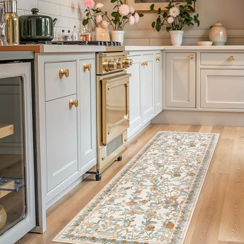 jinchan Eden Floral Washable Runner Rug 2x6 Vintage Hallway Rug Non-Slip Lightweight Soft Thin Kitchen Low Pile Distressed Orange Fall Decor Carpet for Bathroom Laundry Room Bedroom Entryway