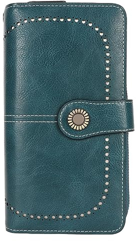 Fyearfly Portefeuille en cuir bloquant pour femme, grande capacité, double bouton-pression, dragonne amovible, bleu paon, multicolore, 60 x 180 cm