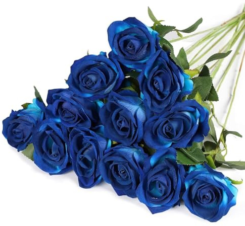 XoeLLe 12 Piezas Flores Artificiales Decoracion, 52 cm Rosas Artificiales, Realista Flores Preservadas, Rosa Eterna, Ramo de Novia para Banquete Boda Decoración Mesa Hogar Centros Mesa (Azul)