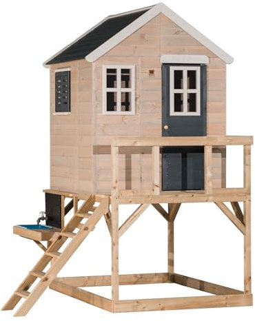 Wendi Toys casetta su palafitta con cucina da esterno, legno FSC, con lavello, rubinetto, piastre gioco e lavagna, casa gioco per bambini resistente alle intemperie, grigia - M21G-K