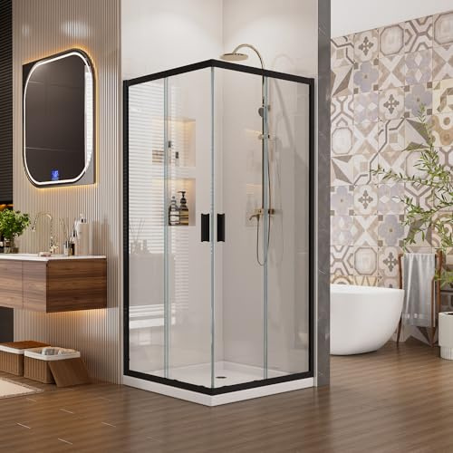 Sunrosa Corner Sliding Shower Enclosure 34 x 34 x 76, Tempered Glass 1/4 in. Double Sliding Shower Door, Corner Shower Door Black