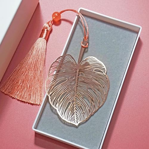 Yocuzee Lesezeichen aus Metall mit Geschenkbox, Geschenke für Frauen Mama Großmutter Lehrerinnen Schüler, Bookmark mit Quaste, Lesezeiche für Bücher (Blatt)